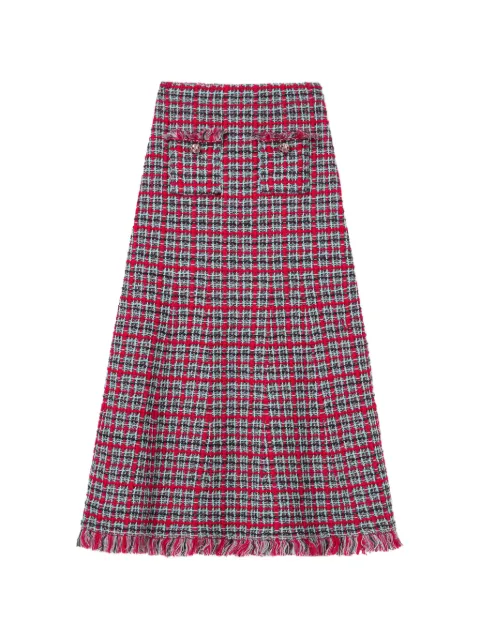 Self-Portrait red check frayed knit midi skirt Red AW26146MSKR