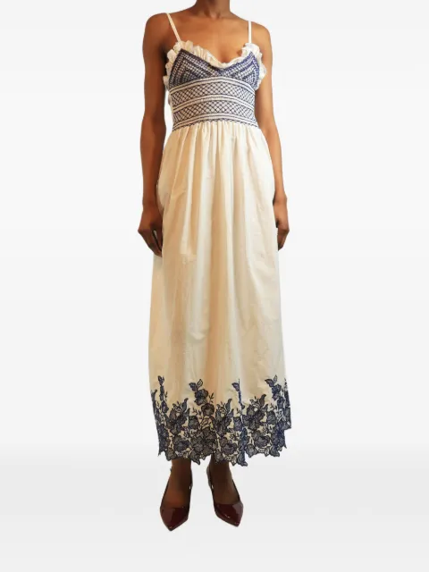 Loretta Caponi Bianca smocked midi dress White BLUEANDWHITEBIANCASMOCKEDMIDIDRESS