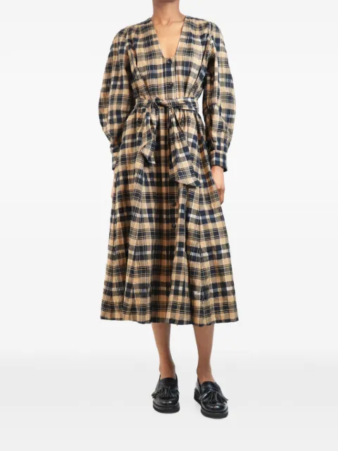 GANNI check-pattern seersucker midi dress Brown BROWNCHECKSEERSUCKERMIDIDRESS