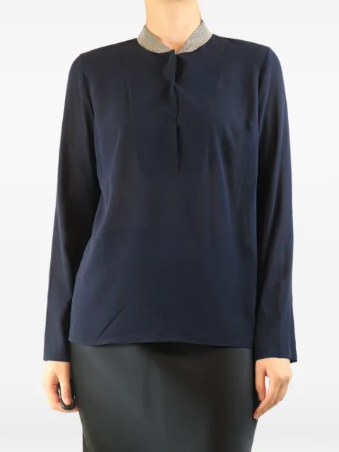 Brunello Cucinelli Vintage beaded collar polo shirt Blue NAVYSILKBLOUSE