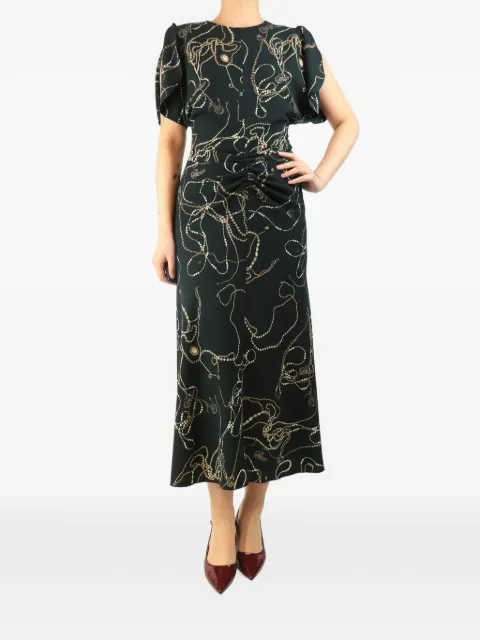Victoria Beckham chain-print gathered-waist midi dress Green DARKPINEGATHEREDWAISTMIDIDRESS