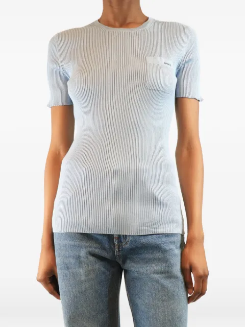 Prada Pre-Owned ribbed-knit chest-pocket top Blue LIGHTBLUESILKCREWNECKTOP