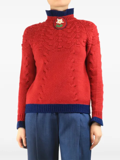 CHANEL Pre-Owned flower patch cable-knit sweater Red REDKNITFLOWERDETAILSWEATER