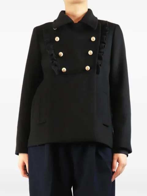 Gucci Pre-Owned ruffle-trim faux-pearl coat Black BLACKWOOLCOATWITHPEARLBUTTONS