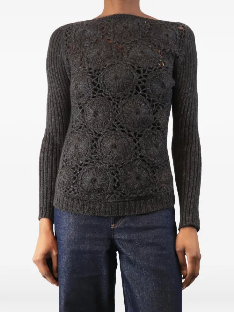 Prada Pre-Owned crochet-knit ribbed-sleeve sweater Grey CHARCOALCROCHETKNITSWEATER