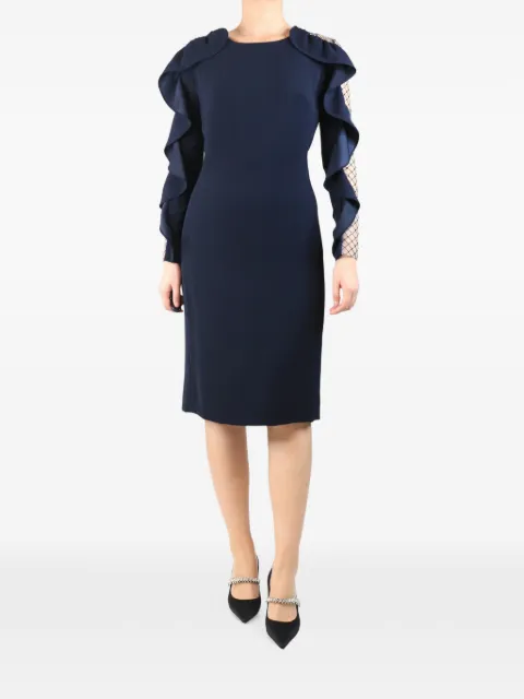 Jenny Packham ruffled mesh-panel midi dress Blue NAVYBLUERUFFLEDMIDIDRESS