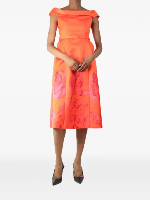 Huishan Zhang midi off-shoulder watercolour floral dress Orange ORANGEOFFSHOULDERWATERCOLOURFLORALMIDIDRESS