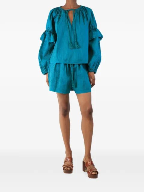 Ulla Johnson ruffle-trim puff-sleeve shorts set Blue TEALBLOUSESHORTSSET