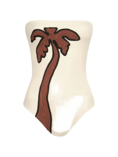 Johanna Ortiz palm-motif textured strapless swimsuit Neutrals PT03983