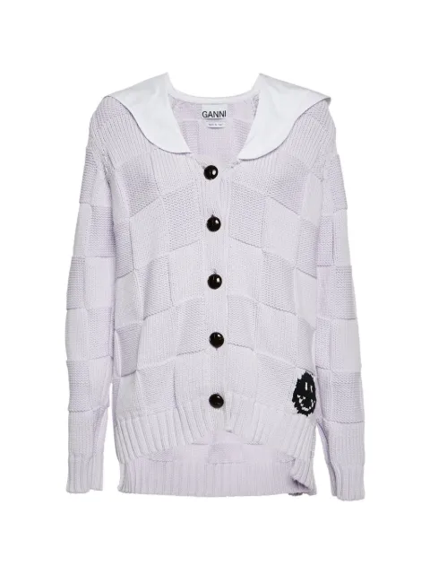 GANNI checkerboard-knit smiley-detail cotton cardigan Purple 1323529