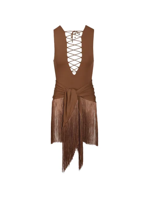 Taller Marmo Sahara lace-up fringed swimsuit Brown TMPF2677702
