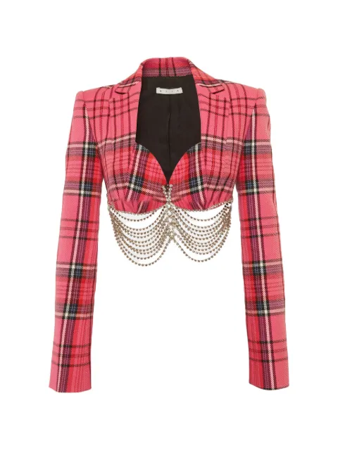 AREA plaid-pattern crystal-link chain-detailing cotton cropped jacket Pink 1292080
