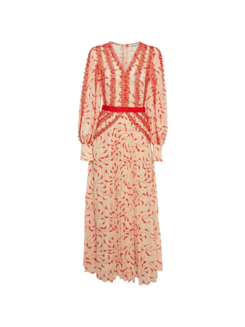 Self-Portrait guipure lace-trim plissé maxi dress Neutrals 1301006