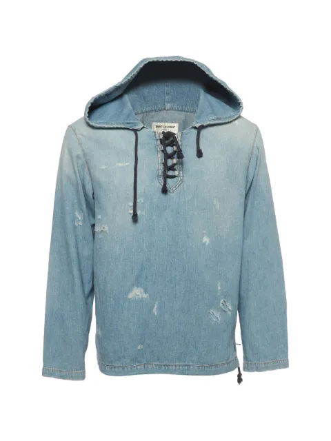 Saint Laurent Pre-Owned distressed lace-up denim hoodie Blue 1337551