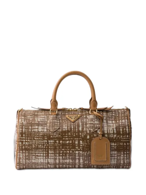 Prada medium linen blend and leather top-handle bag Brown 1BB175VOVT2ZRX