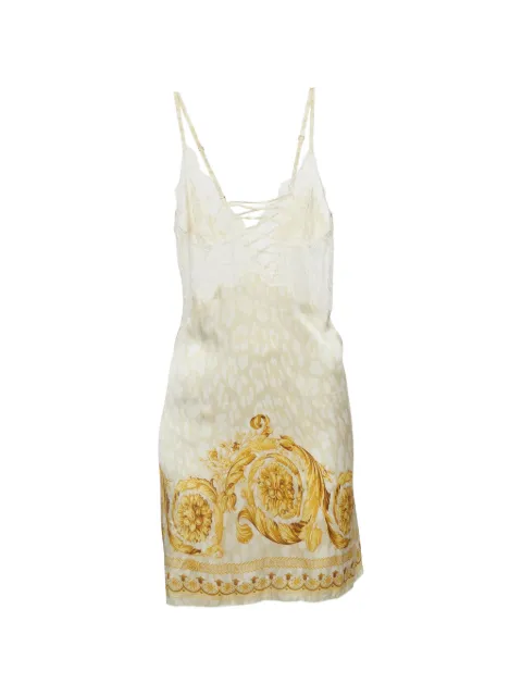 Versace Pre-Owned Baroque-print lace-trim mini dress Neutrals 1293417