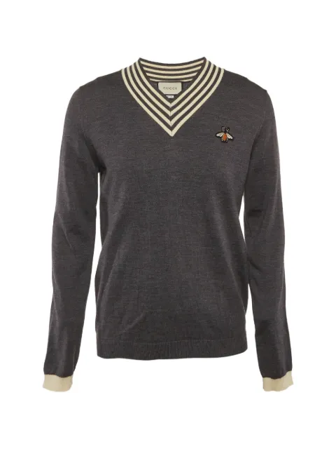 Gucci Pre-Owned Bee appliqué V-neck sweater Grey 1316159