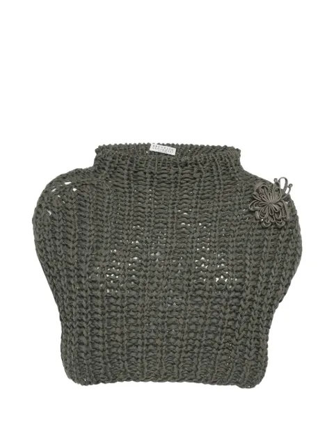 Brunello Cucinelli Vintage crochet floral-appliqué sleeveless cropped sweater Grey 1312969