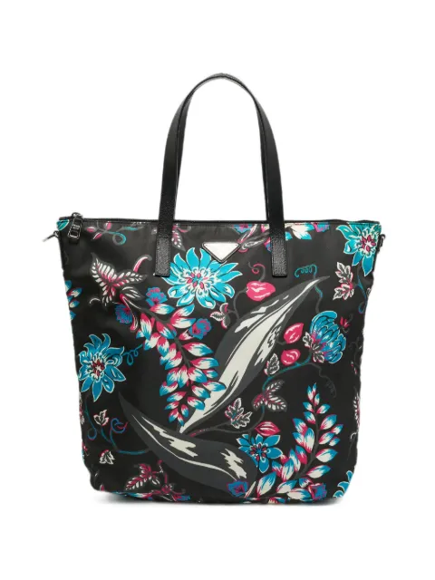 Prada Pre-Owned floral-print Saffiano leather-trim tote bag Black 1341367