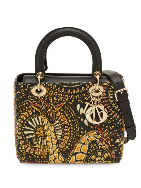 Christian Dior Pre-Owned 2019 Lady Dior animals embroidered tote bag Black 1270545