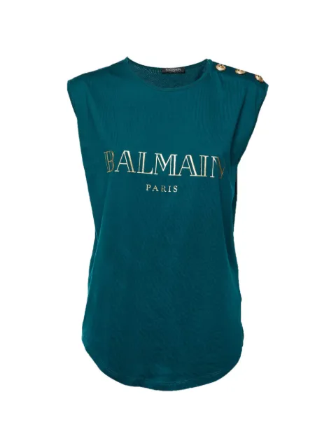 Balmain Pre-Owned logo-print sleeveless button-detail tank top Green 1347122