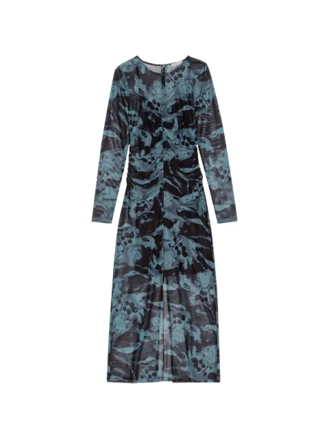 GANNI blue printed-mesh O-neck ruched long dress Blue T3974