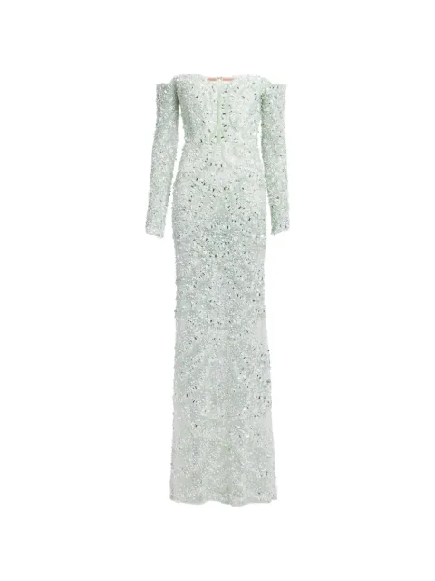 Elie Saab bead-embroidered off-shoulder maxi dress Green D1185NS26BE072