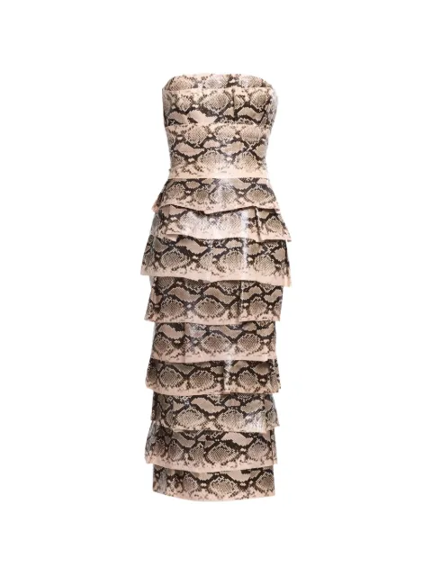 Elie Saab tiered snakeskin-effect midi dress Neutrals D1140NS26L0004