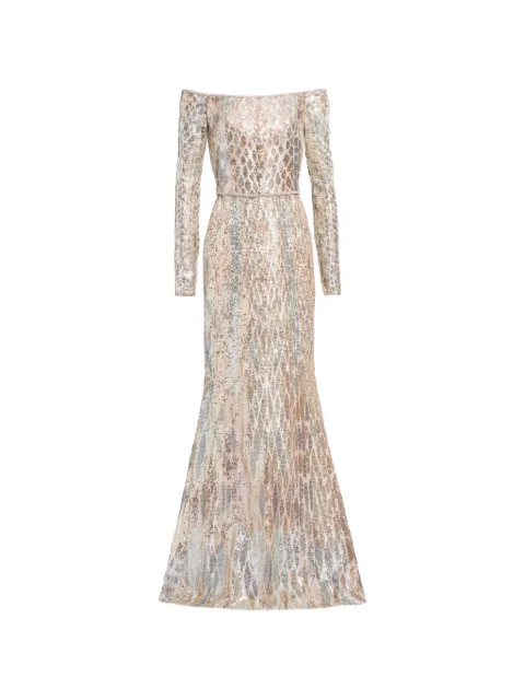 Elie Saab sequin-embellished off-shoulder maxi dress Gold D1180NS26YA064
