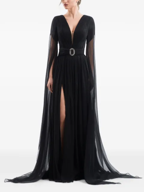 IMROSKA Transformative crystal-buckle cape-sleeve maxi dress Black TRANSFORMA