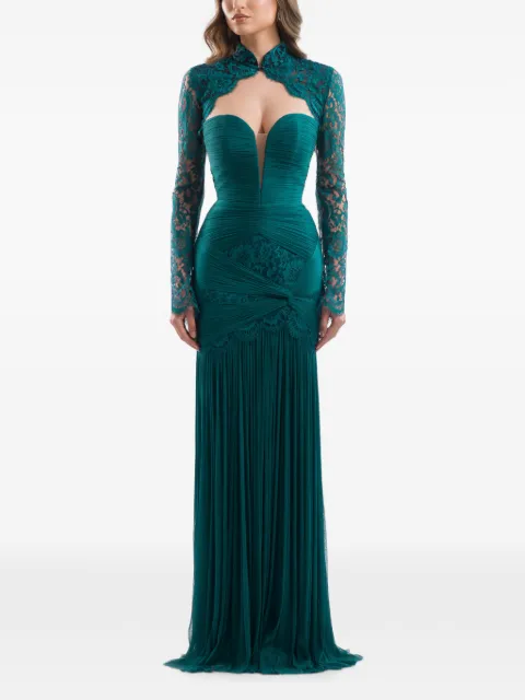 IMROSKA lace-panelled ruched maxi dress Green IMROSKAEMERALDFORESTCOMPLETE