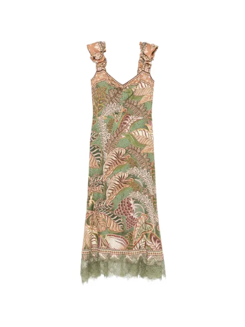 FARM Rio foliage-print ruffled midi dress Green 356119