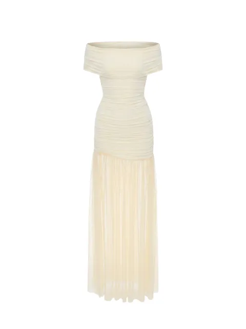AXEL 113 Selina off-shoulder ruched maxi dress Neutrals SELINALONGMESHBUTTERDRESS