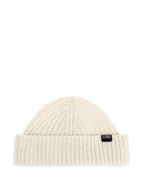 MM6 Maison Margiela ribbed-knit logo-patch beanie hat Neutrals S52TB0016M13285