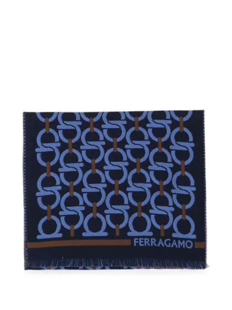 Ferragamo Gancini-pattern fringed scarf Blue 520189