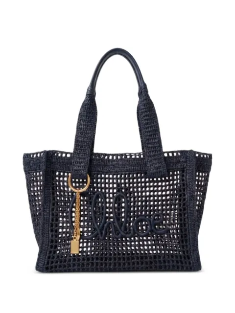Chloé Summer Banana woven-raffia logo-patch tote bag Blue CH26US904P08