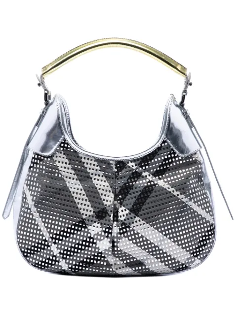 Burberry Pre-Owned 2000-2017 Metallic Patent and Beat Check Nylon Brooklyn hobo bag Grey 98ELHOMPINL9EA32