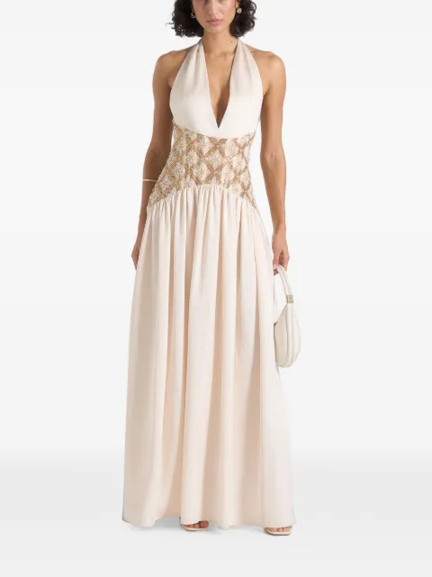 Manière De Voir Ava in cream halterneck embellished corset gathered maxi dress Neutrals WMN47391