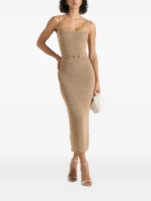 Manière De Voir Danika metallic rib-knit belted midi dress Neutrals WMN4580