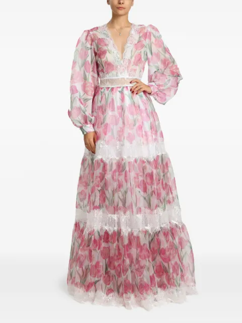MIAU by Clara Rotescu Eze floral-print lace-trim gown Pink EZE