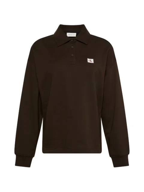 Calvin Klein logo-patch long-sleeved polo shirt Brown LV047G230GTO2
