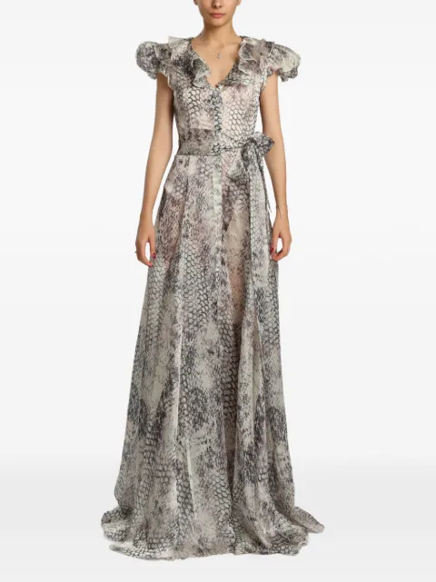 MIAU by Clara Rotescu Irina snakeskin-print ruffled gown Neutrals IRINA