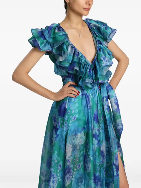 MIAU by Clara Rotescu Joanna floral-print ruffled gown Blue JOANNA