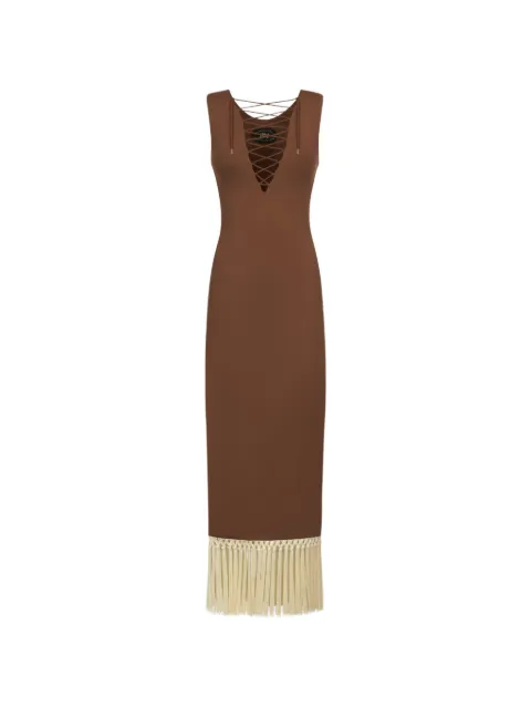 Taller Marmo Sahara lace-up fringe midi dress Brown TMPF2673155
