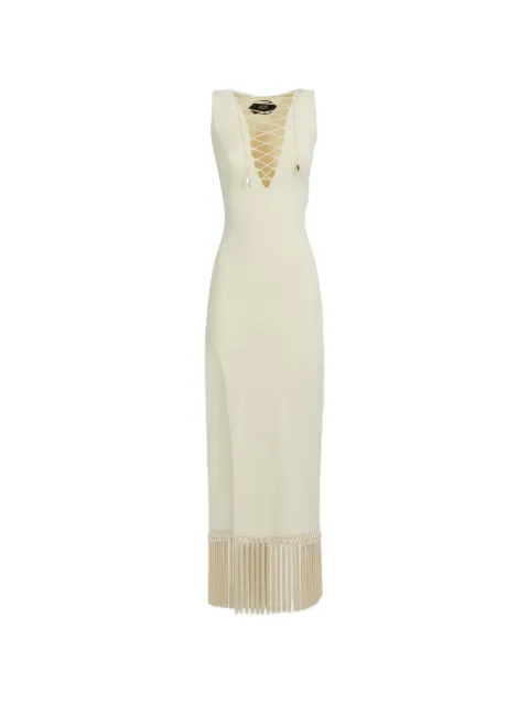 Taller Marmo Sahara lace-up fringe midi dress Neutrals TMPF2673101