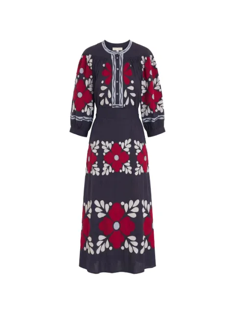 Antik Batik floral-embroidered puff-sleeve midi dress Blue OXO1DRE