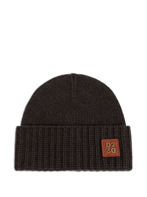 DSQUARED2 D2 logo-patch ribbed-knit beanie Brown KNM021401W00306