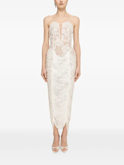 NISSA fringed-hem lace midi dress Neutrals RRS16655