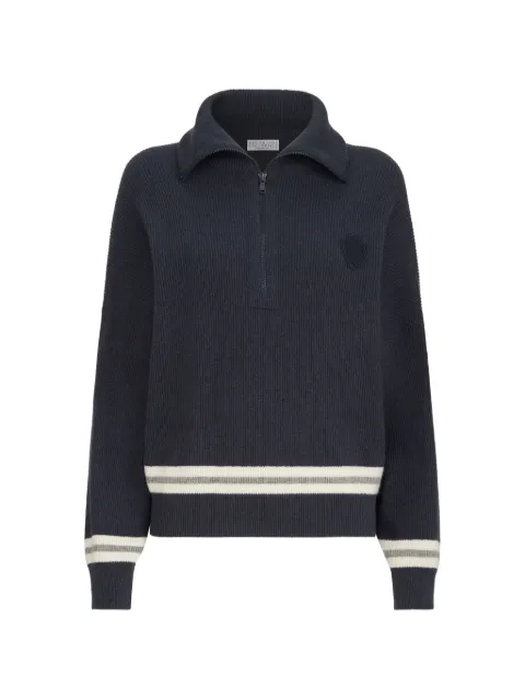 Brunello Cucinelli cashmere English-rib turtleneck sweater with half-zip and logo Blue M12236704CLQ80