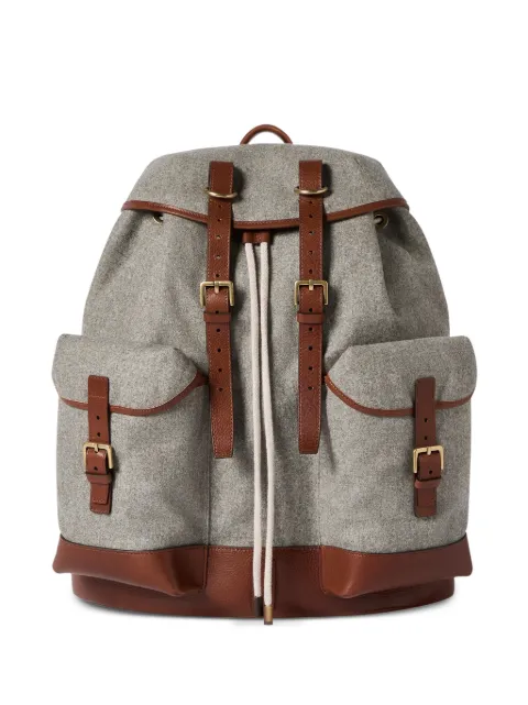 Brunello Cucinelli virgin wool, alpaca and cashmere flannel field backpack with grained calfskin inserts Grey MBPABU444CZV25